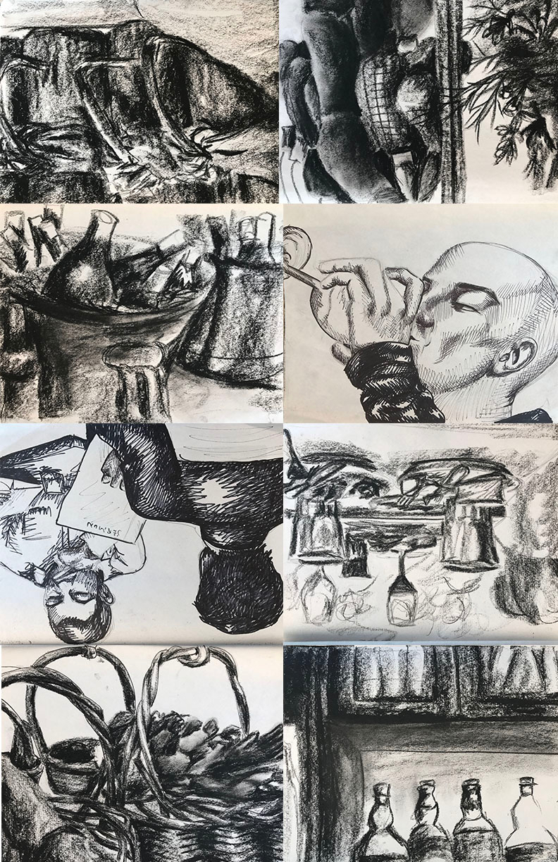 charcoal line drawings at Eataly by Anjali Harris